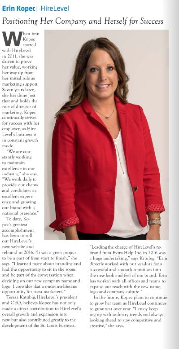 HireLevel Marketing Director, Erin Kopec, St.Louis Top Employee by St. Louis Small Business Monthly